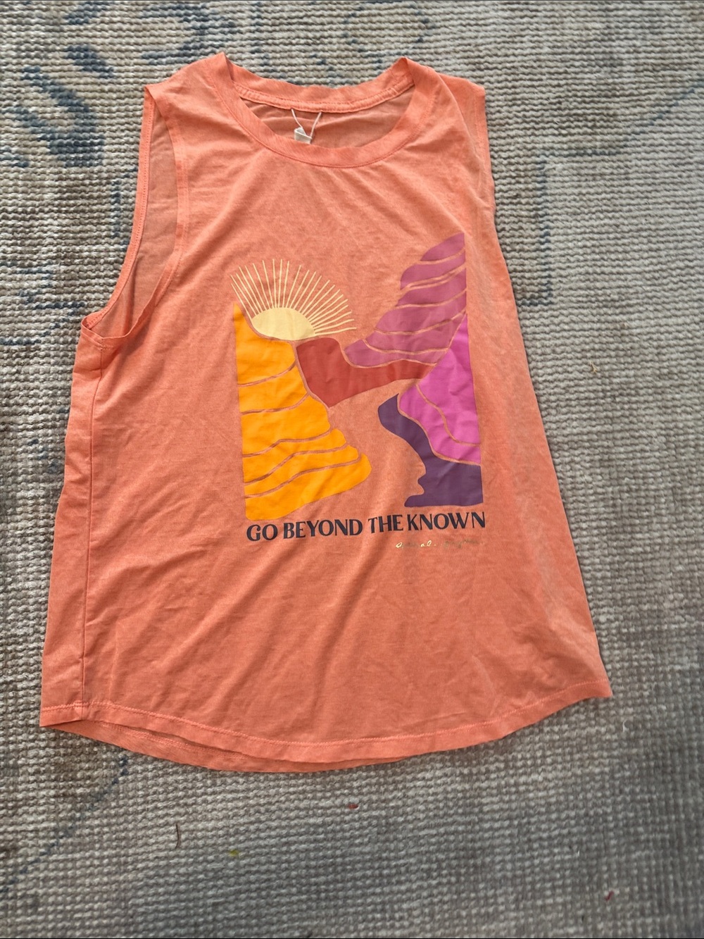Peloton Coral Muscle Tee with Sunset Desert Graphic